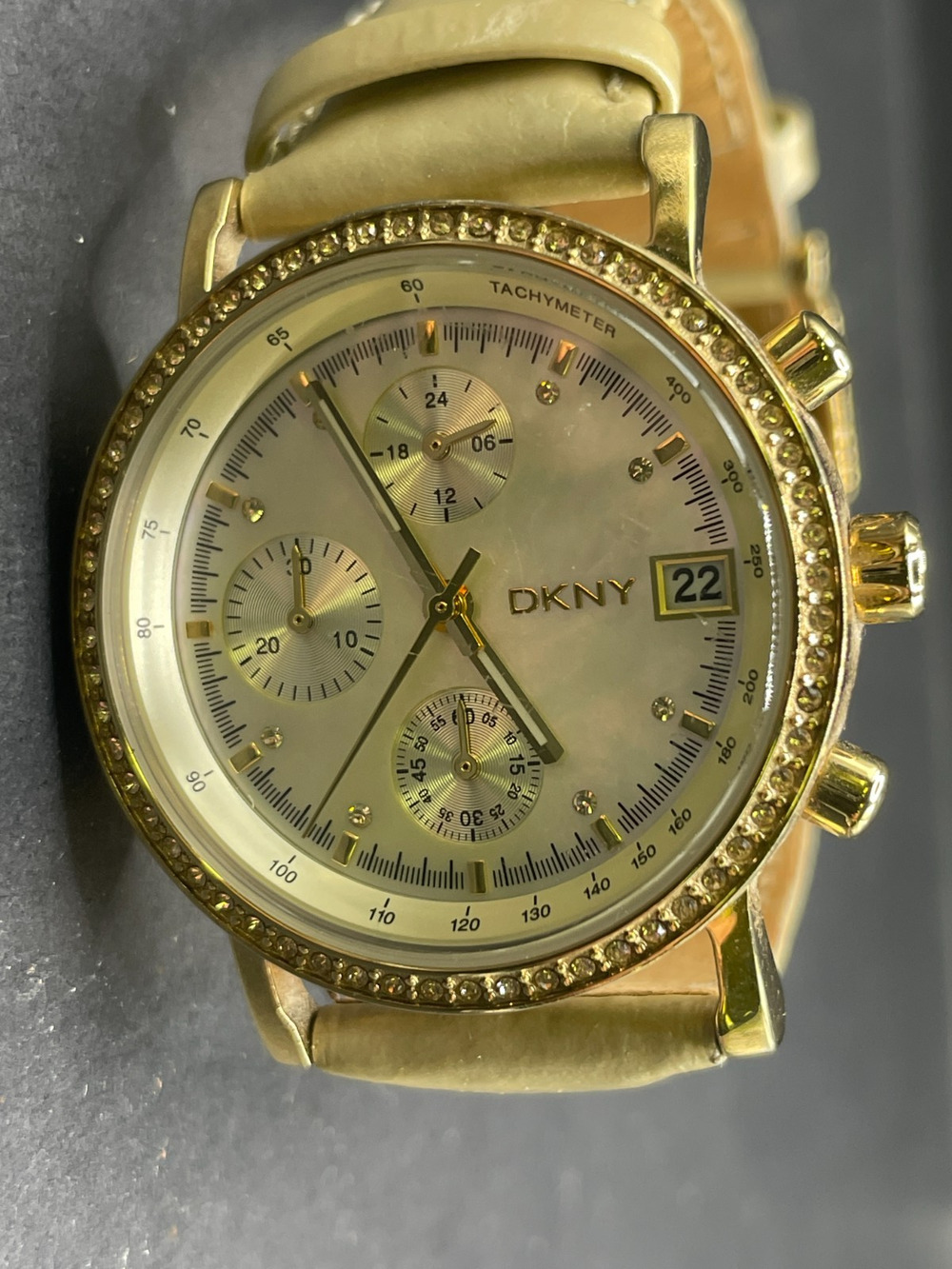 DKNY Chronograph Date Watch Women's Gold Tone 36mm MOP Leather Band NY-8359